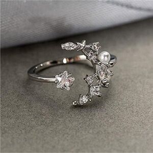 -Luxurious Open design  celestial themed Cz Diamond & Pearl moon Ring
